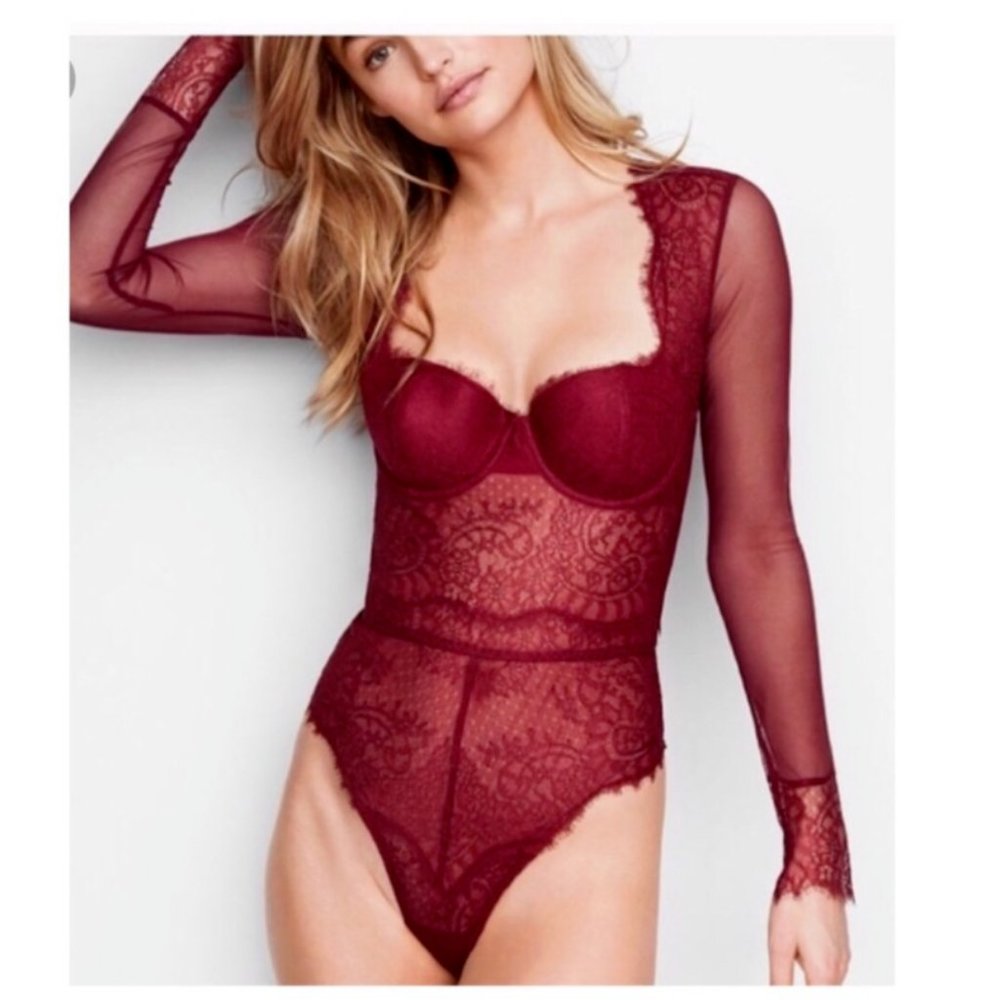 NWT Classic sexy, limit Victoria secret maroon lace lingerie/ blouse lace red